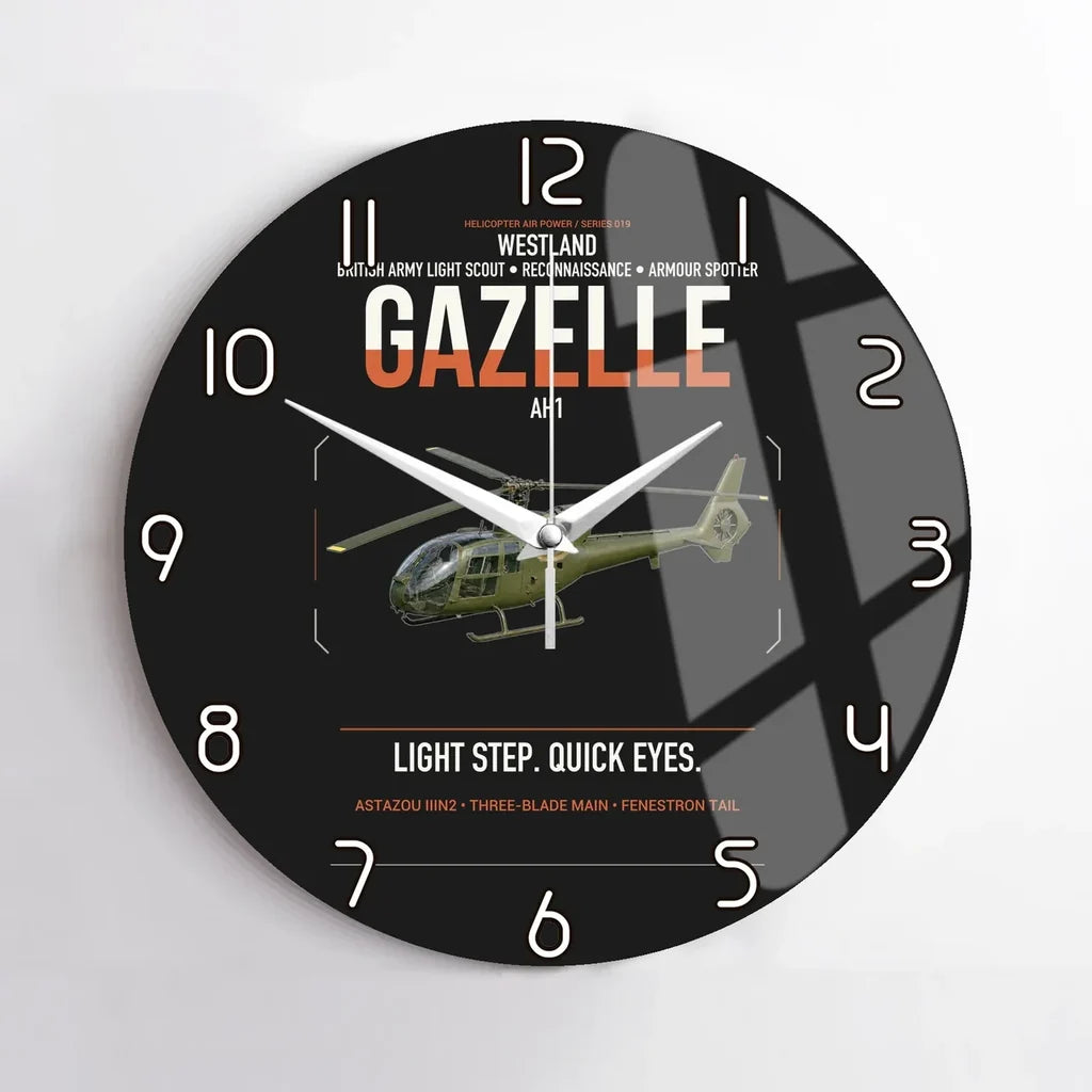 Westland Gazelle AH1 design on black no frame wall clock