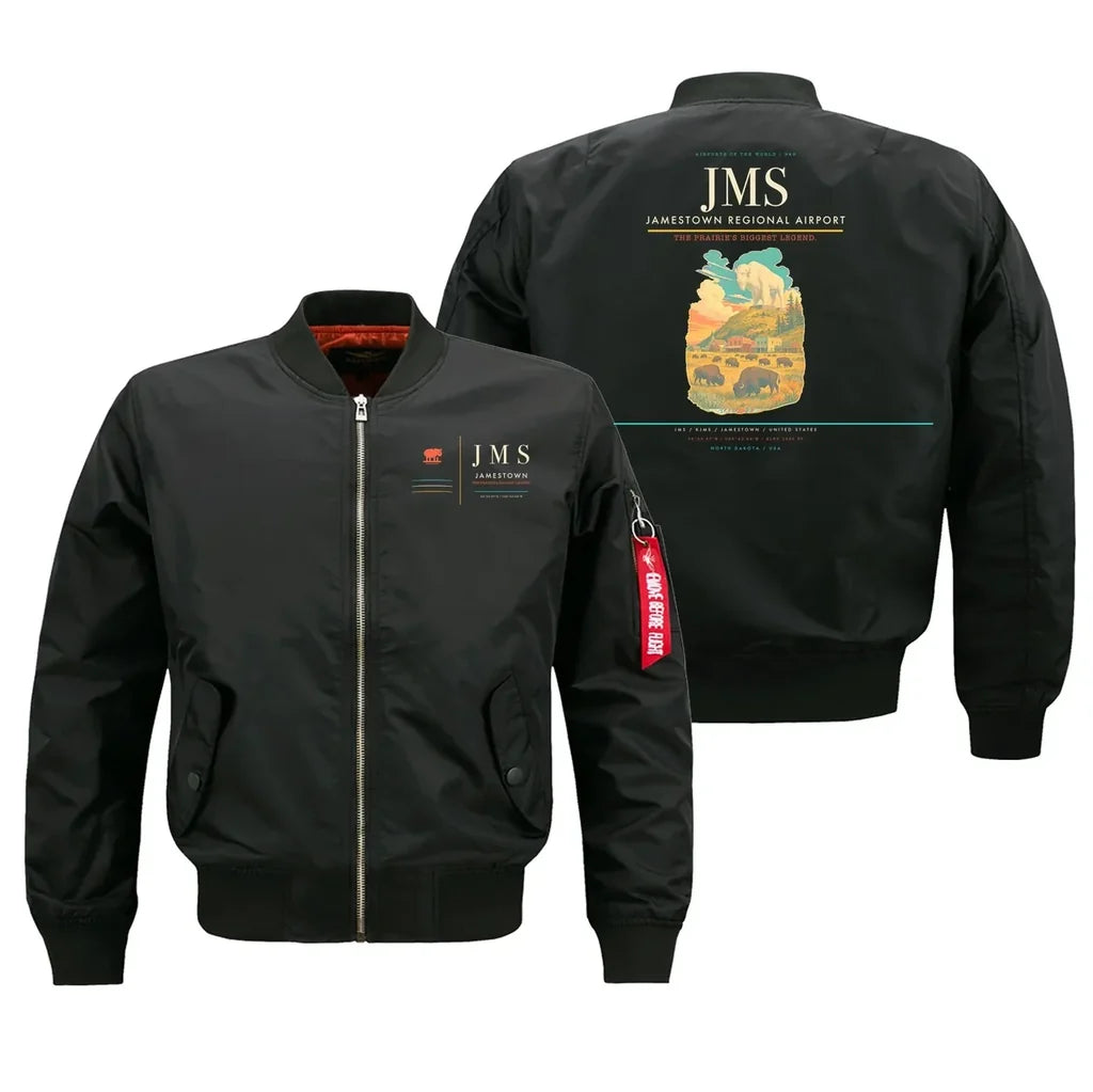 Jamestown Regional Airport (JMS) design on black bomber jacket
