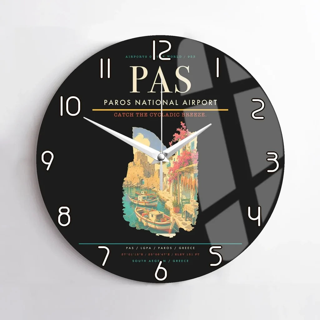 Paros National Airport (PAS) design on black no frame wall clock