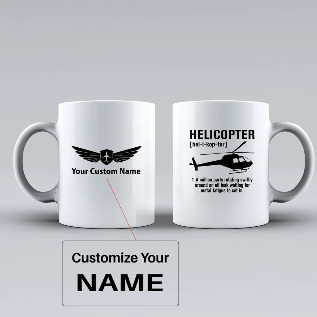 Helicopter [Noun] Ceramic White aviation design on ceramic mug, premium ceramic with glazed finish.