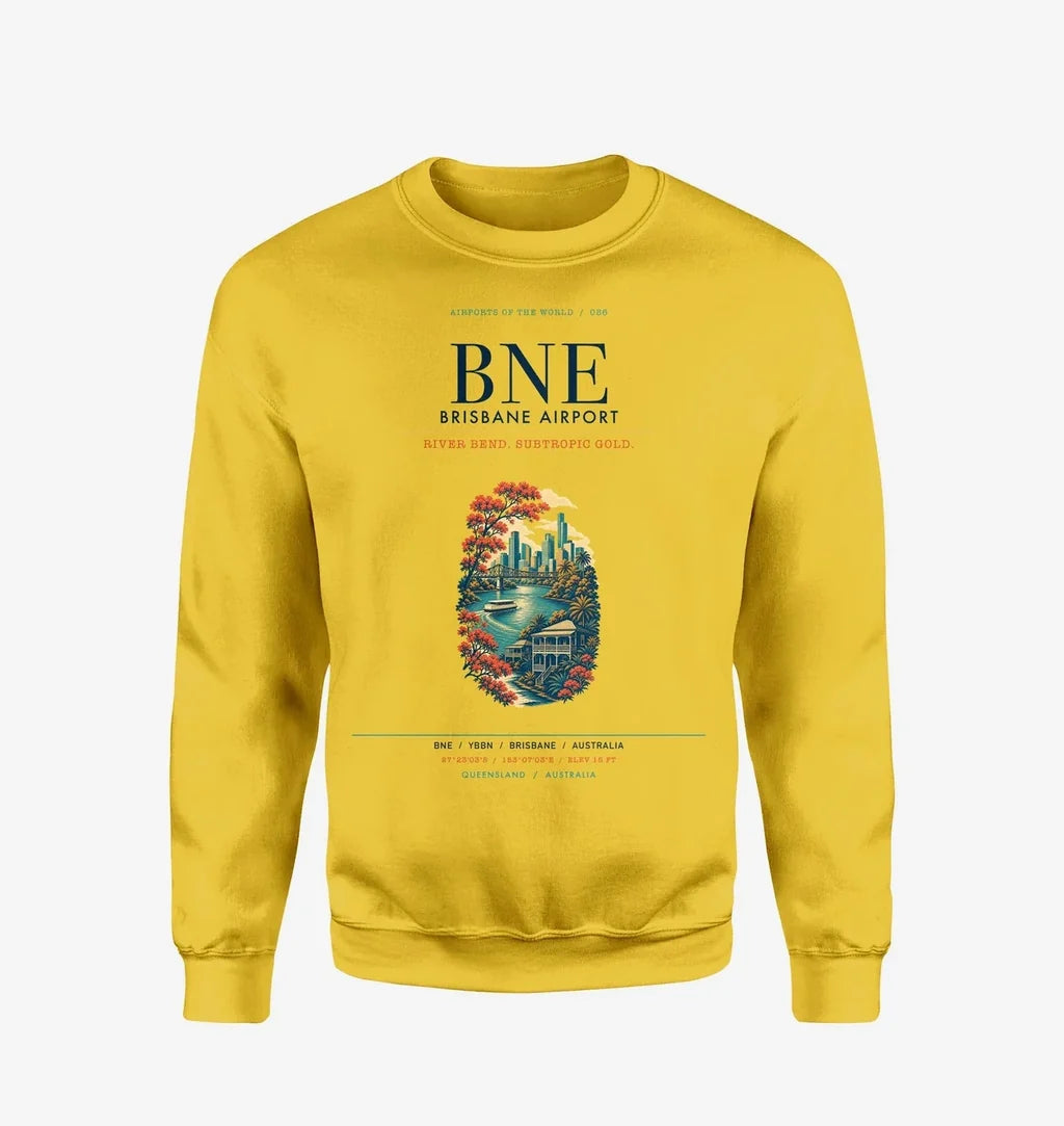 Brisbane Airport (BNE) design on yellow sweatshirt
