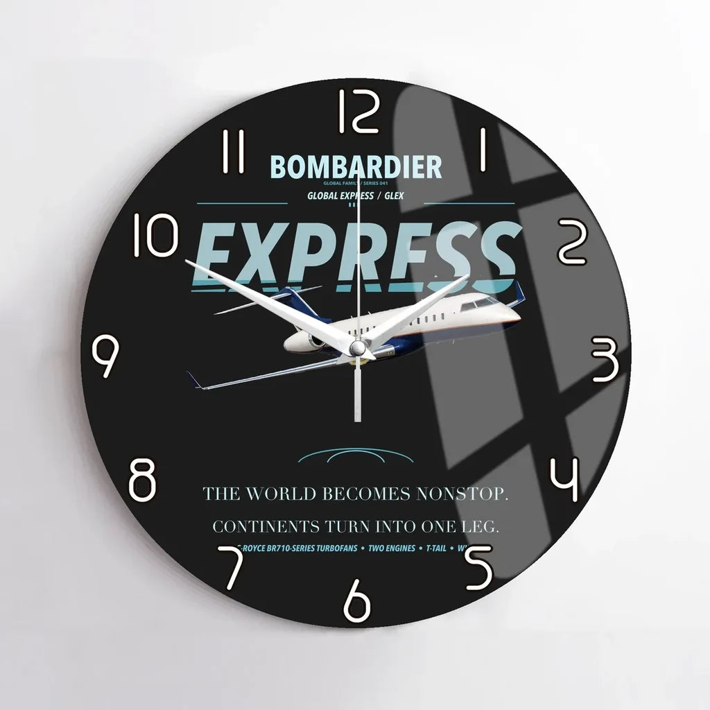 Bombardier Global Express design on black no frame wall clock
