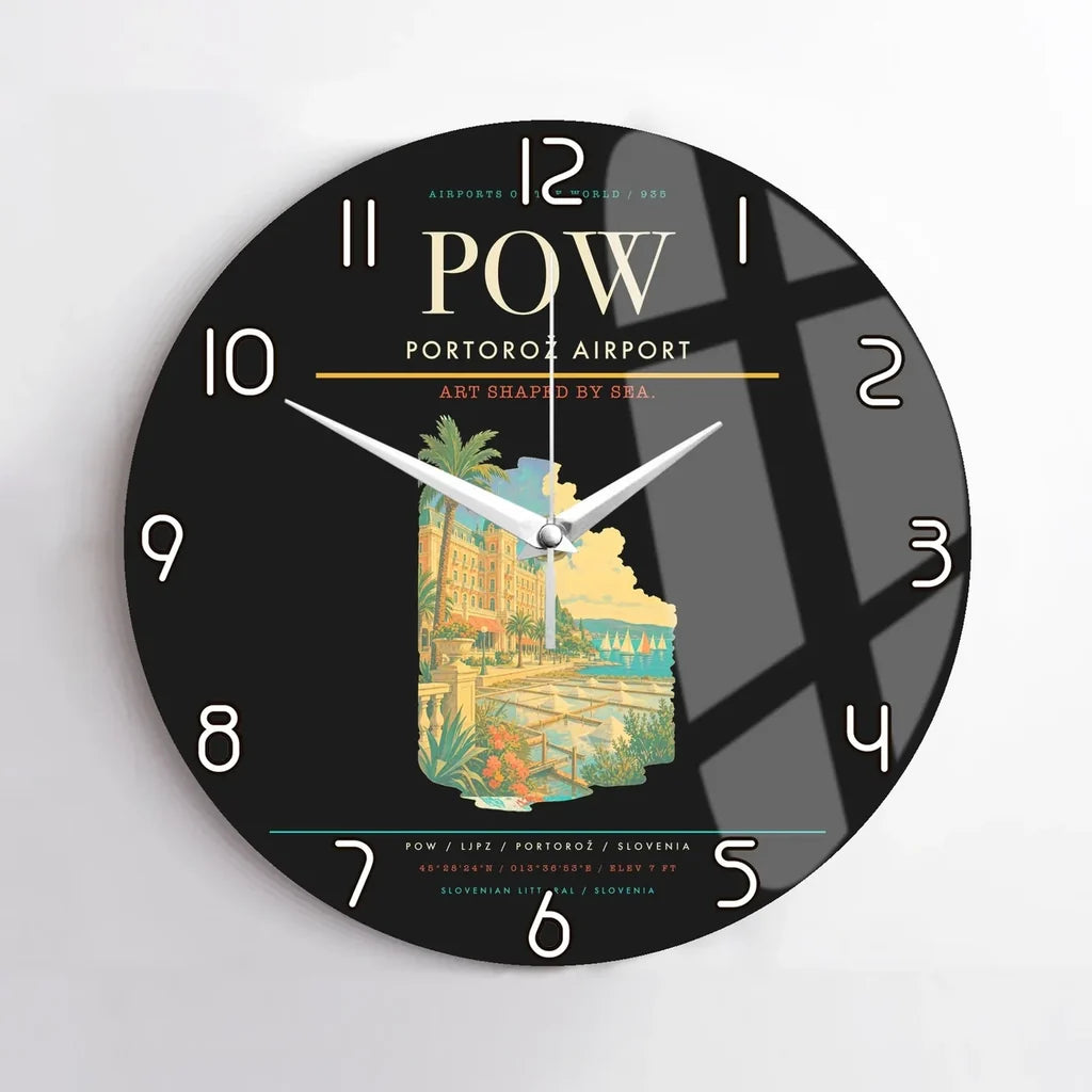 Portorož Airport (POW) design on black no frame wall clock