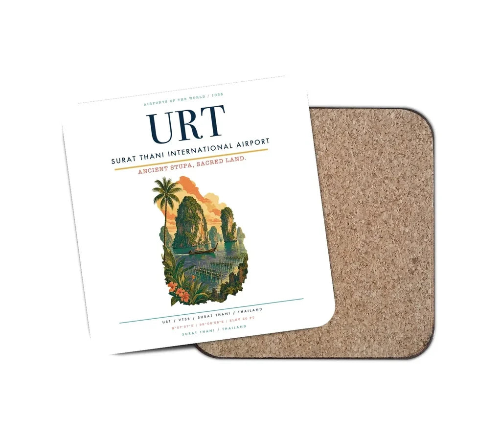Surat Thani International Airport (URT) design on white 1 piece coaster