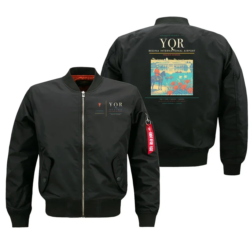 Regina International Airport (YQR) design on black bomber jacket