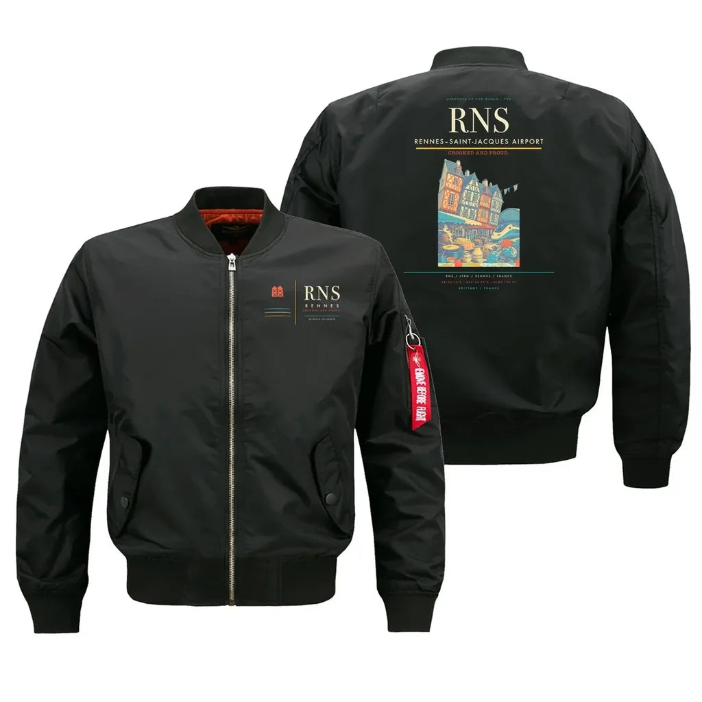 Rennes–Saint-Jacques Airport (RNS) design on black bomber jacket