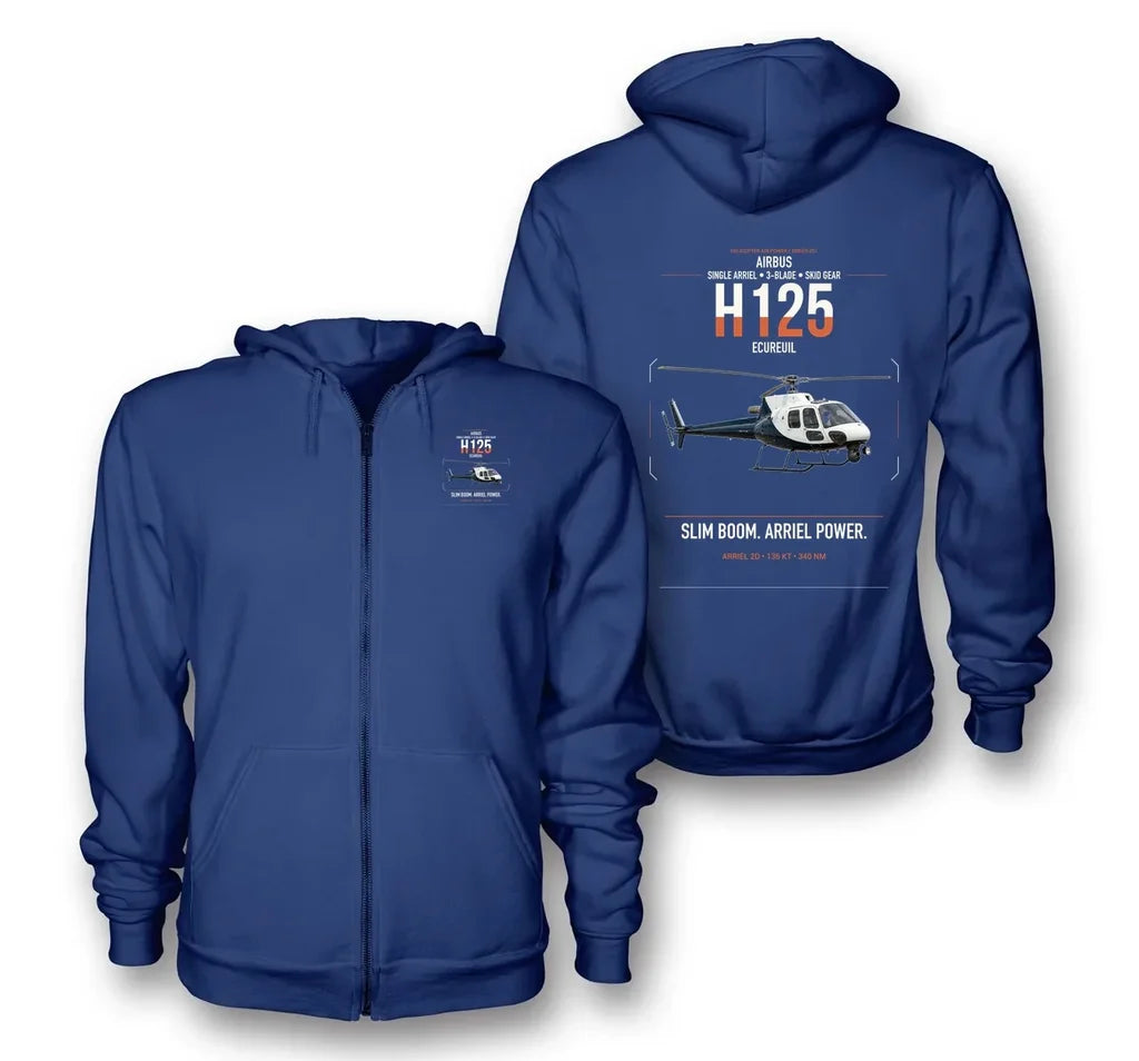 Airbus H125 design on blue premium zipped hoodie, double-side print