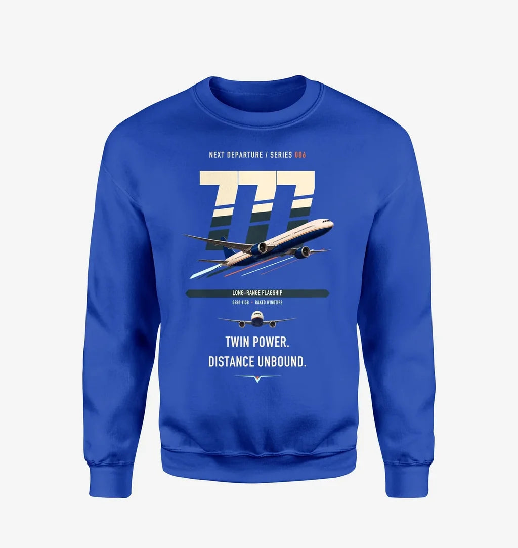 Boeing 777-300ER design on blue sweatshirt