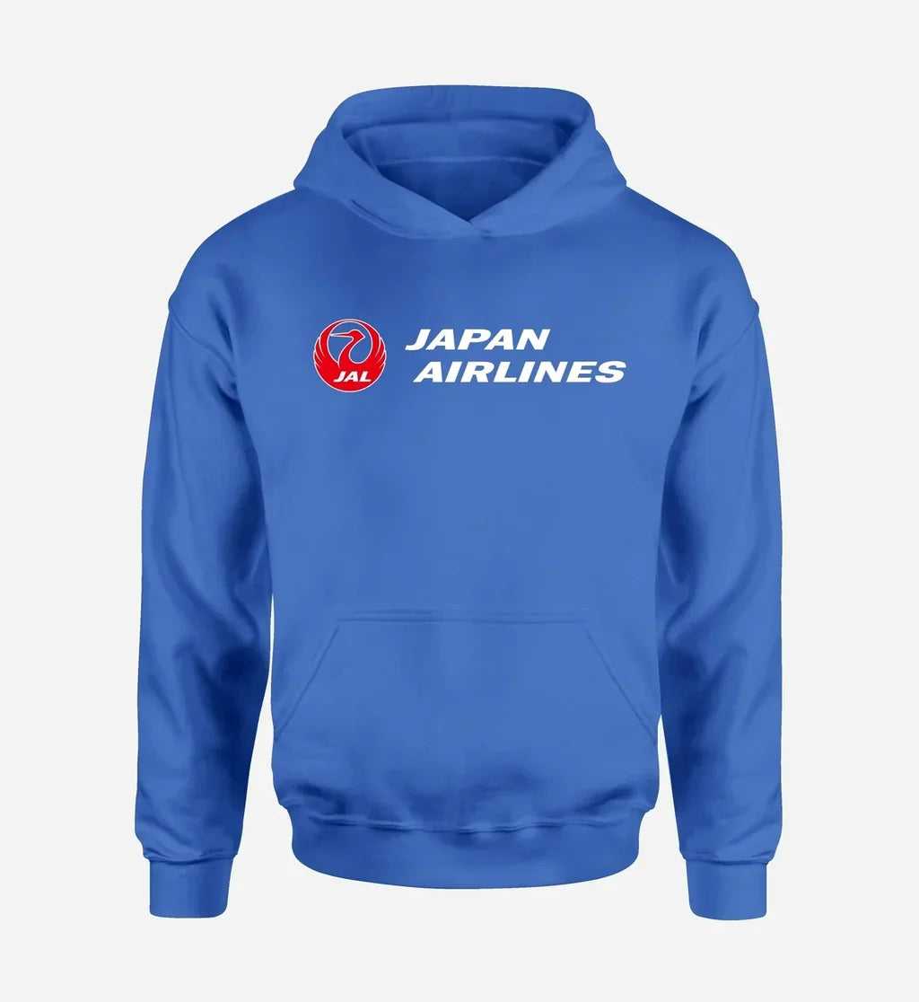 Japan Airlines logo printed on blue hoodie