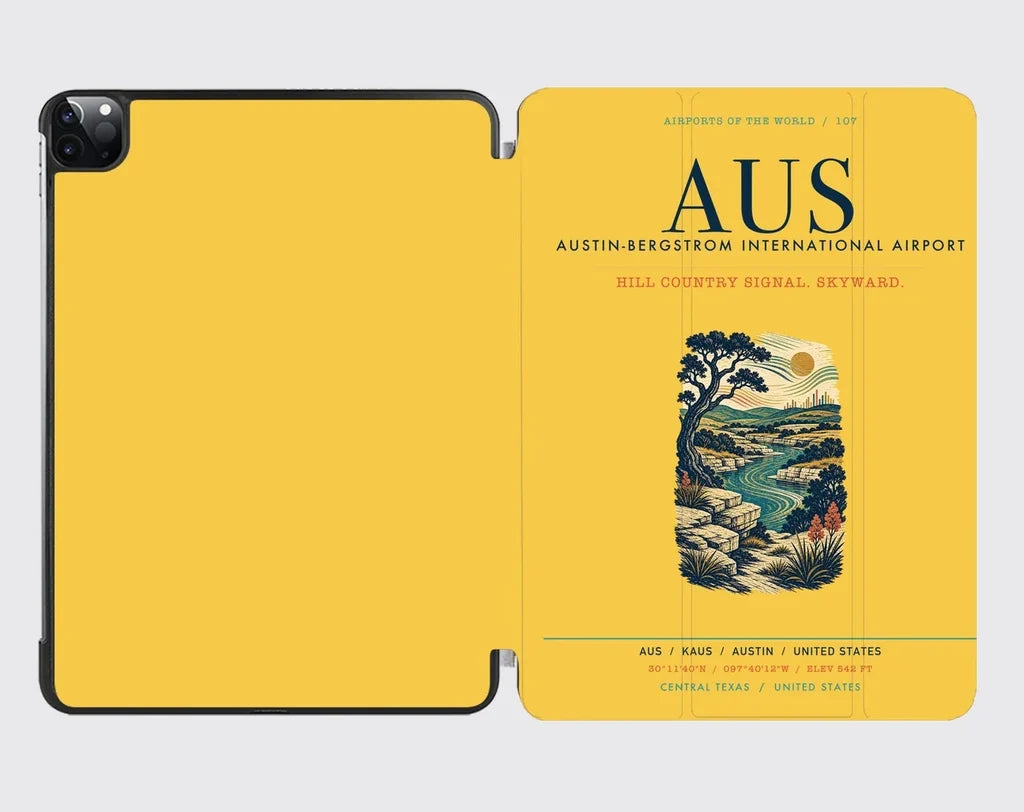 Austin-Bergstrom International Airport (AUS) design on yellow ipad tablet case