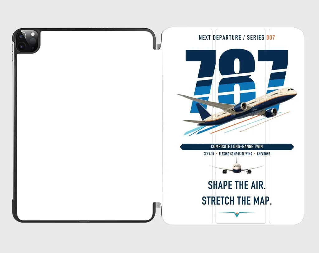 Boeing 787-9 Dreamliner design on white ipad tablet case
