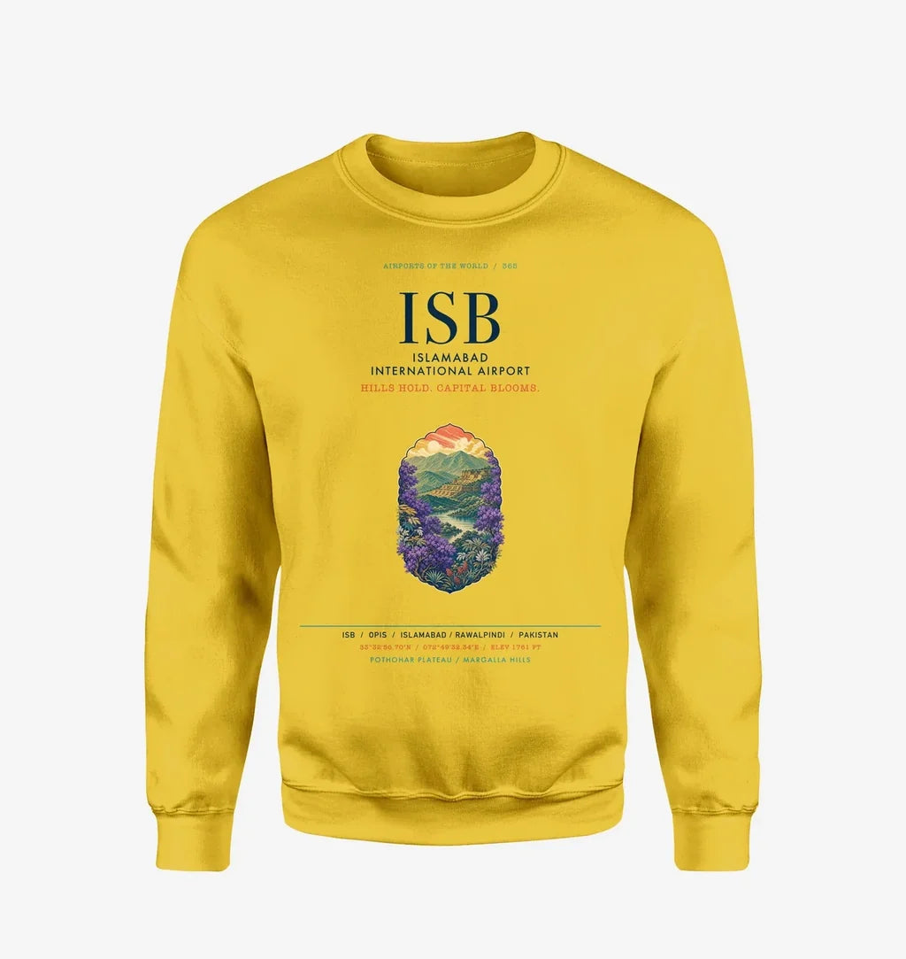 Islamabad International Airport (ISB) design on yellow sweatshirt