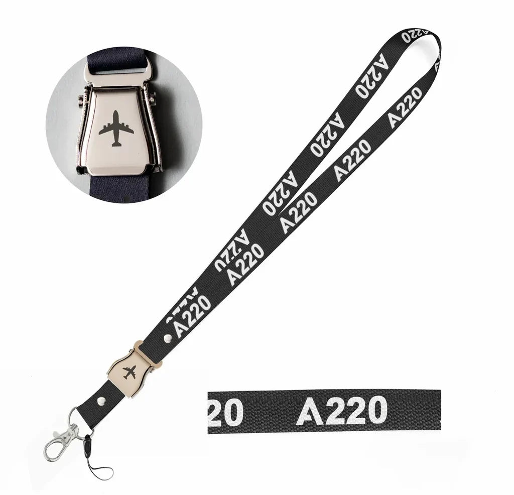 Airbus A220 Flat Text seat belt lanyard - black