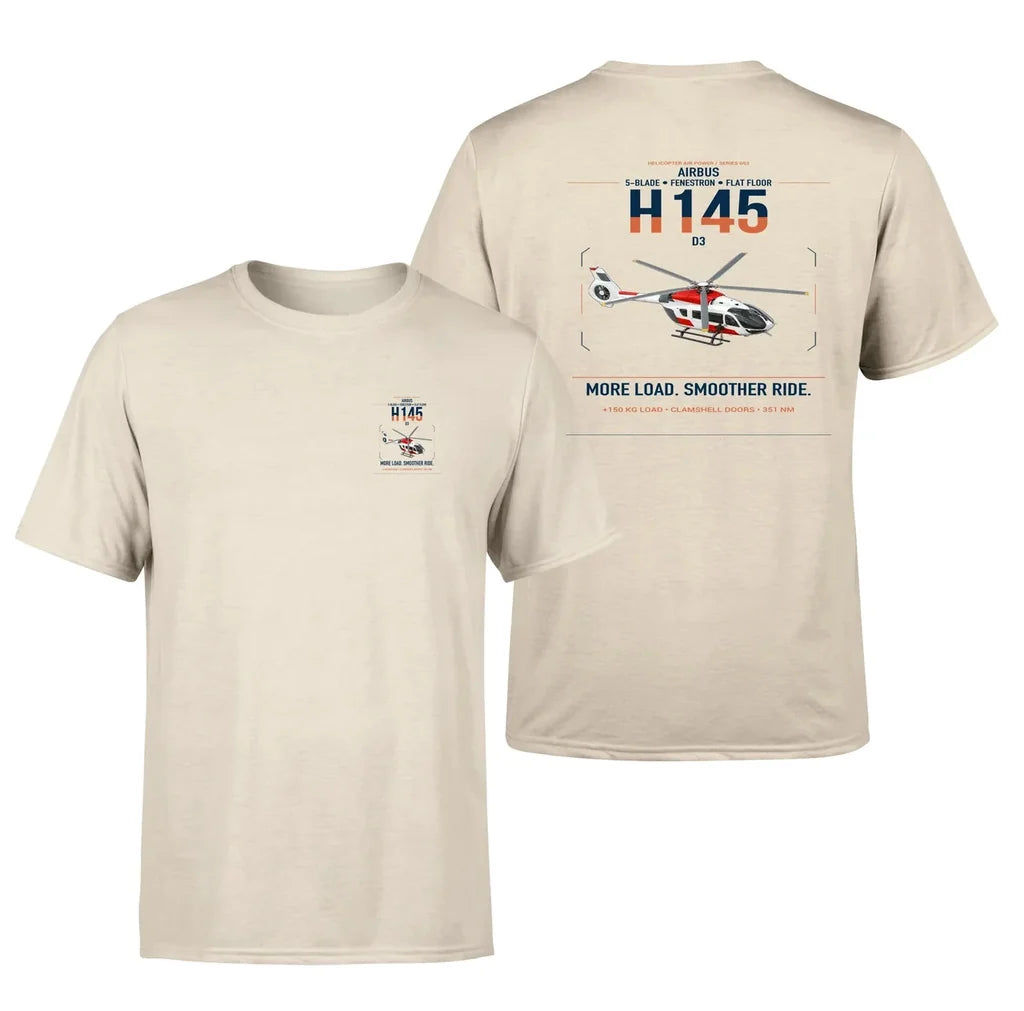 Airbus H145 D3 design on beige t-shirt, double-side print