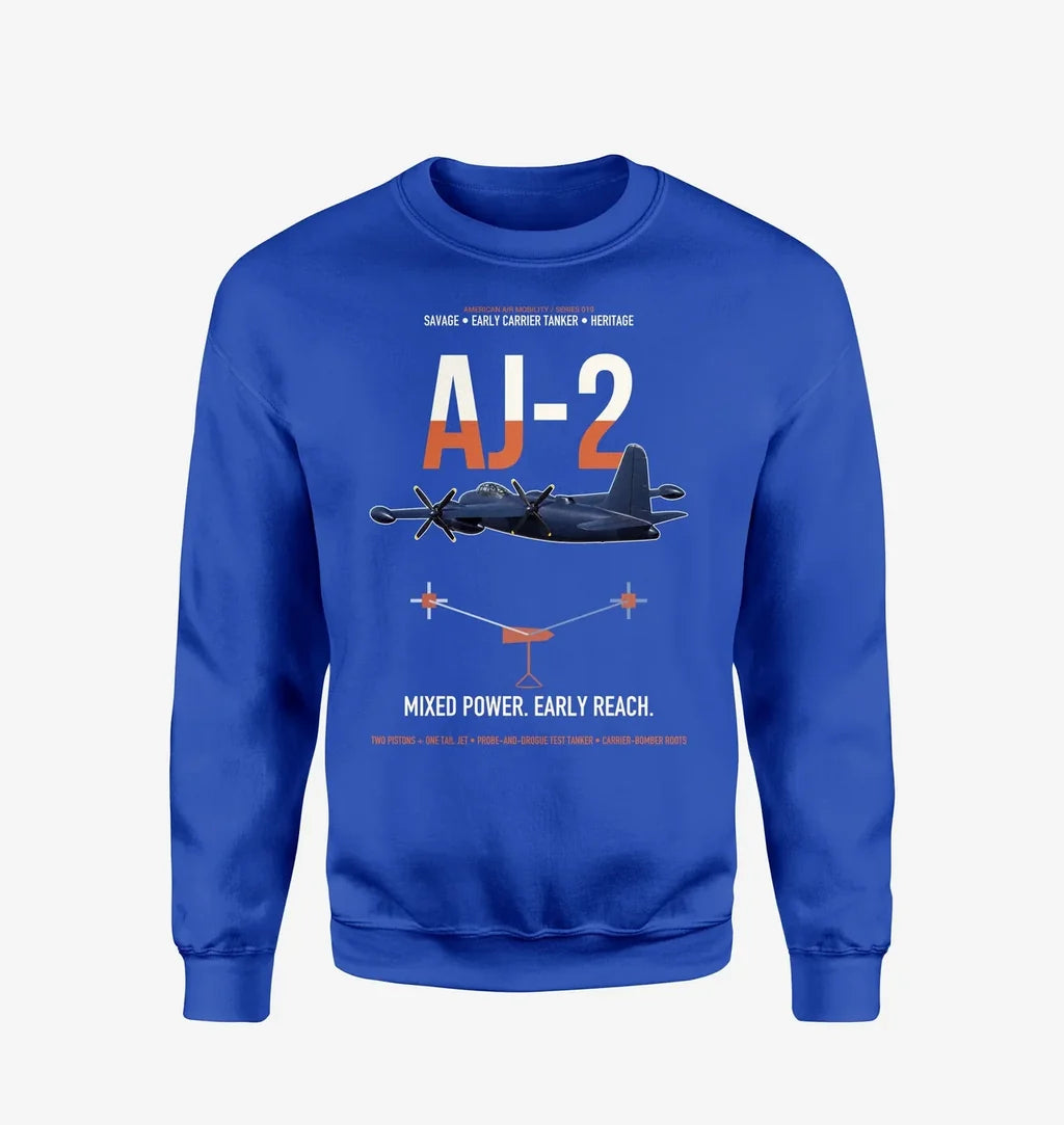 AJ-2 Savage Tanker design on blue sweatshirt