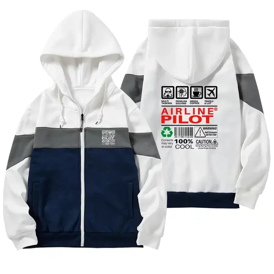 Airline Pilot Label Zipped Hoodie - Colourful - White