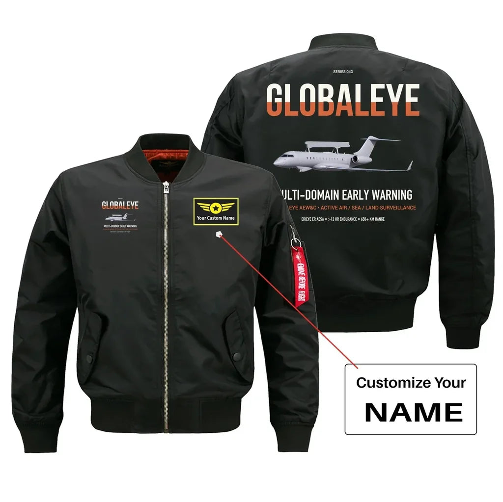 Saab GlobalEye design on black+name bomber jacket, double-side print