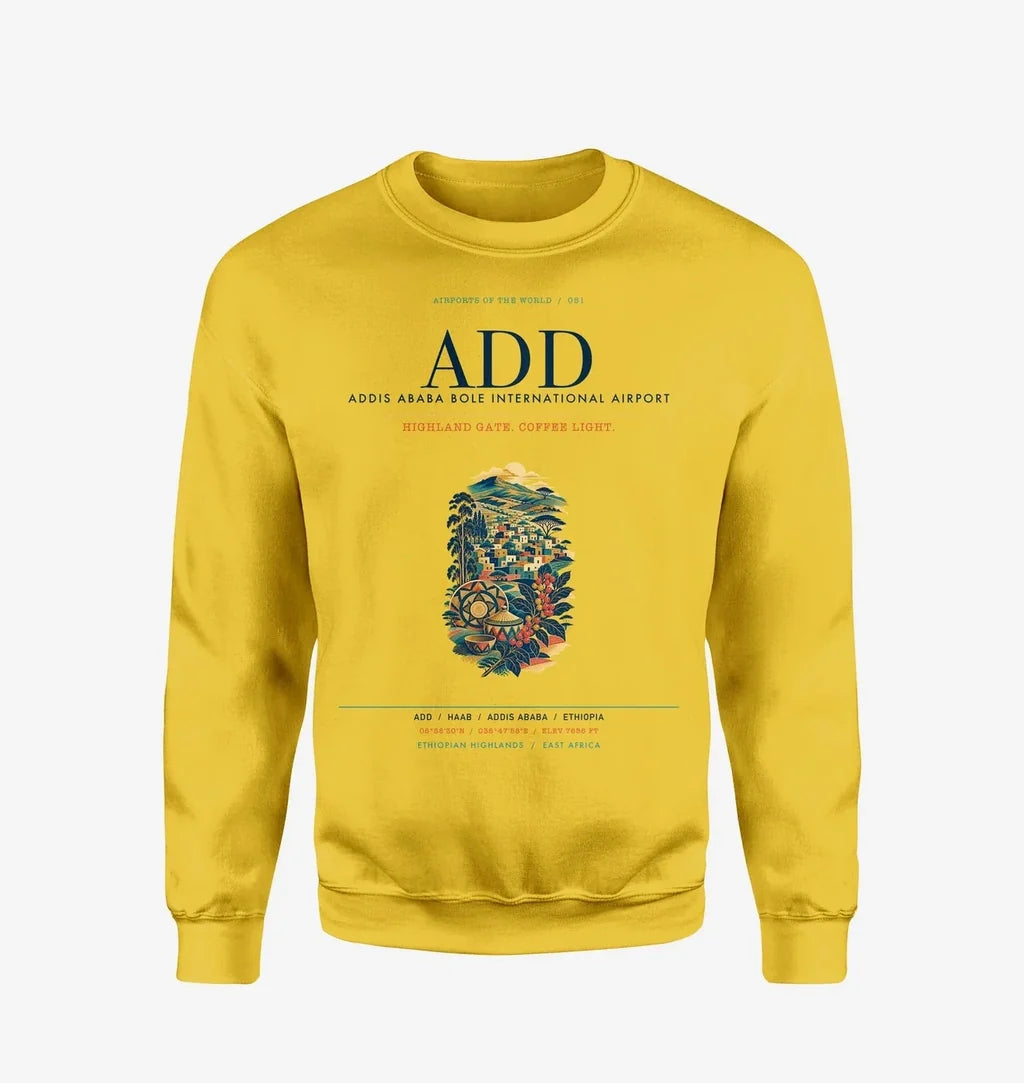Addis Ababa Bole International Airport (ADD) design on yellow sweatshirt