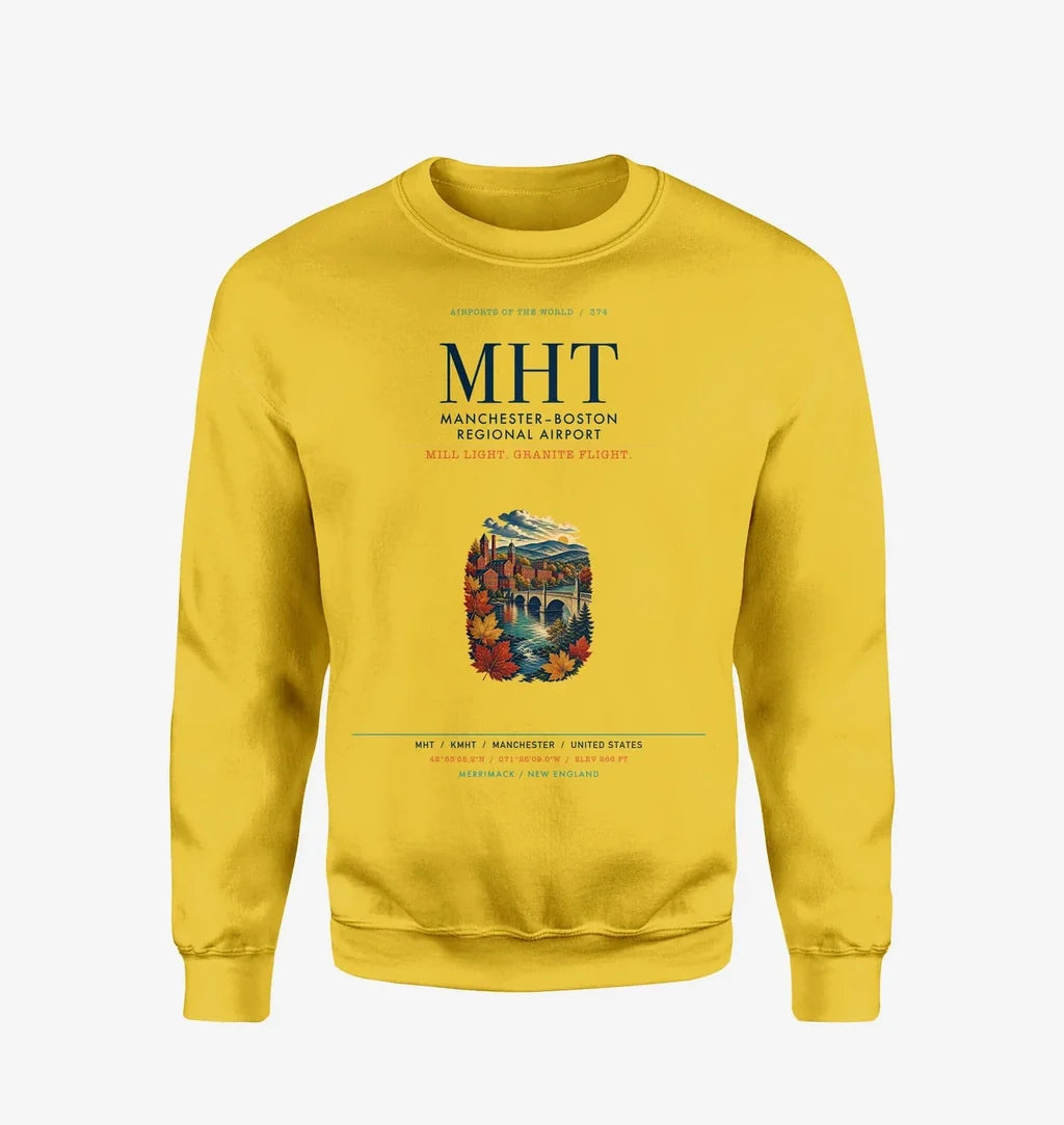 Manchester–Boston Regional Airport (MHT) design on yellow sweatshirt