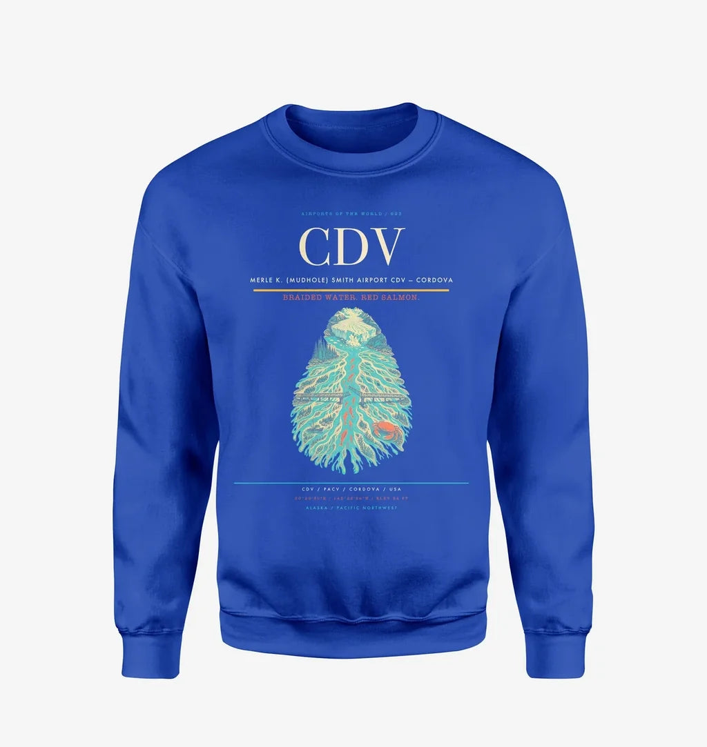 Merle K. (Mudhole) Smith Airport (CDV) design on blue sweatshirt
