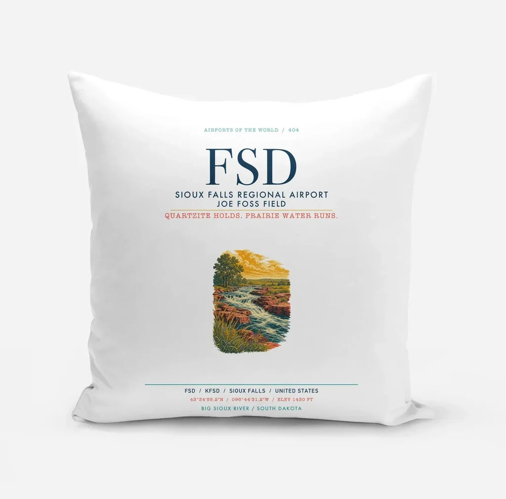 Sioux Falls Regional Airport Joe Foss Field (FSD) design on white pillow