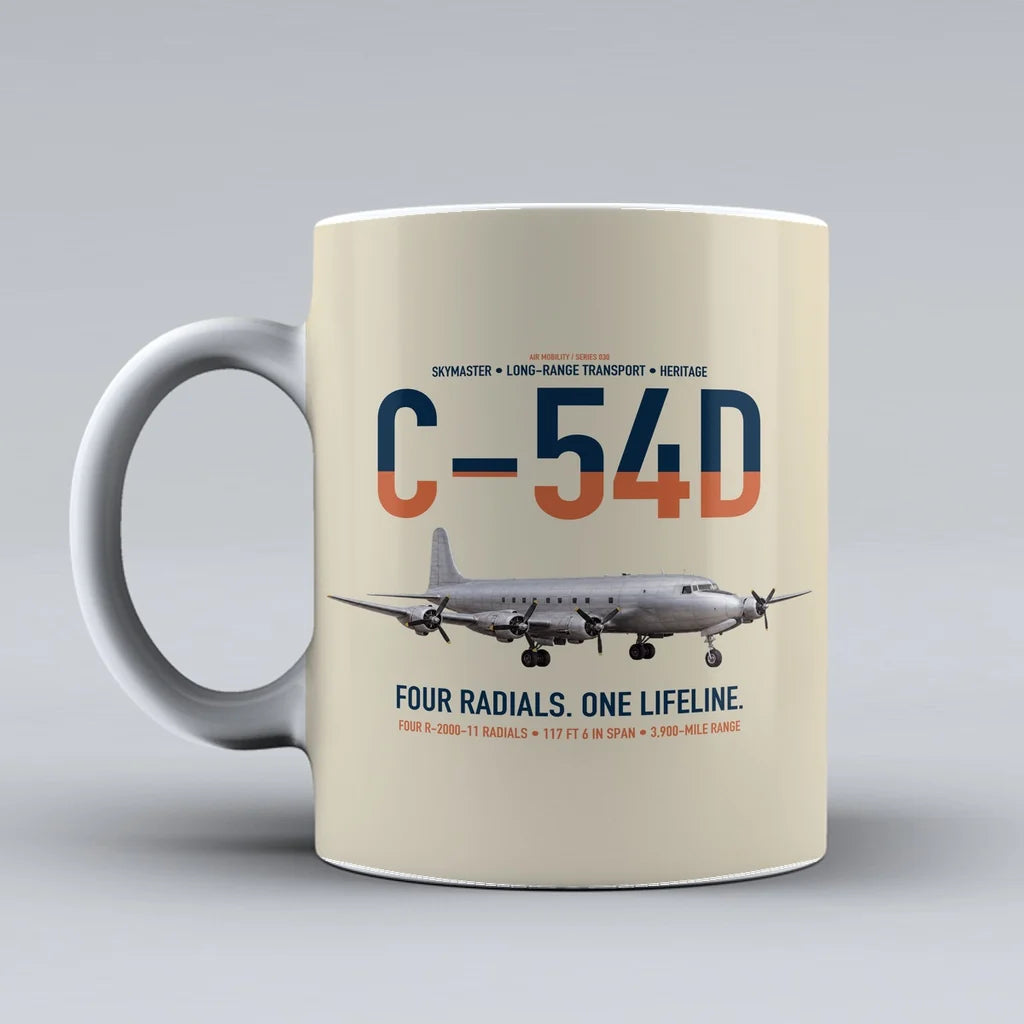 C-54D Skymaster design on beige ceramic mug, double-side print