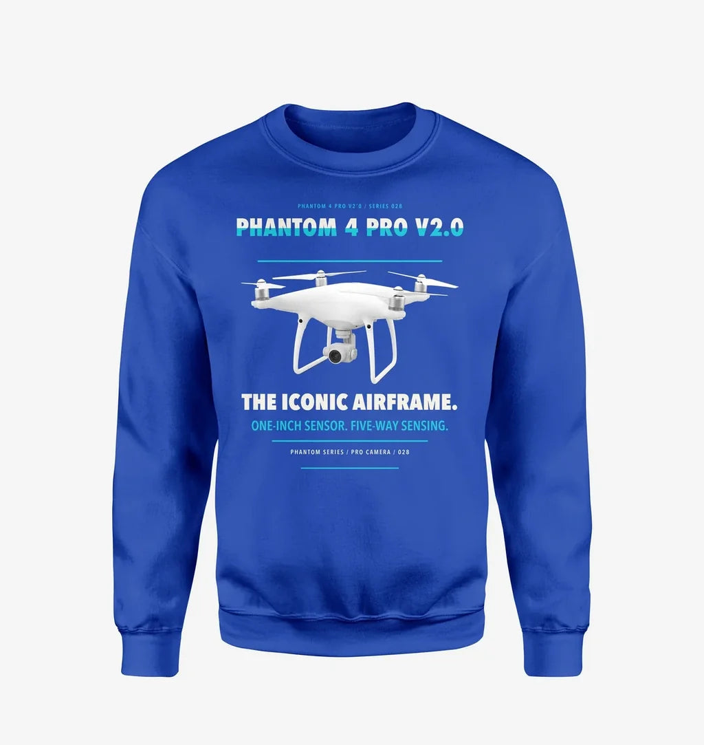 DJI Phantom 4 Pro V2.0 design on blue sweatshirt