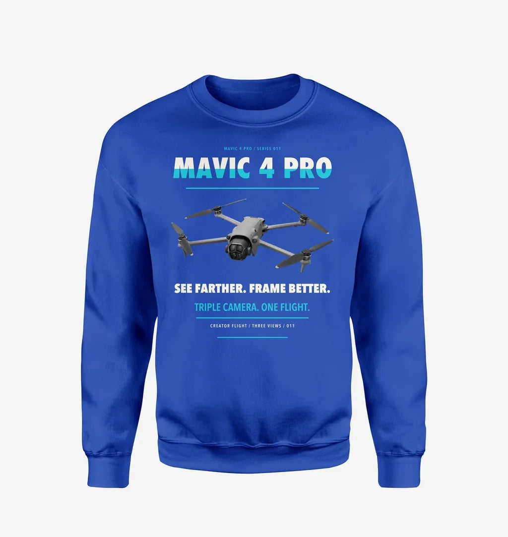DJI Mavic 4 Pro design on blue sweatshirt