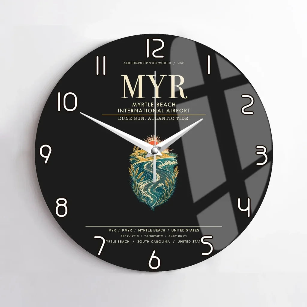 Myrtle Beach International Airport (MYR) design on black no frame wall clock
