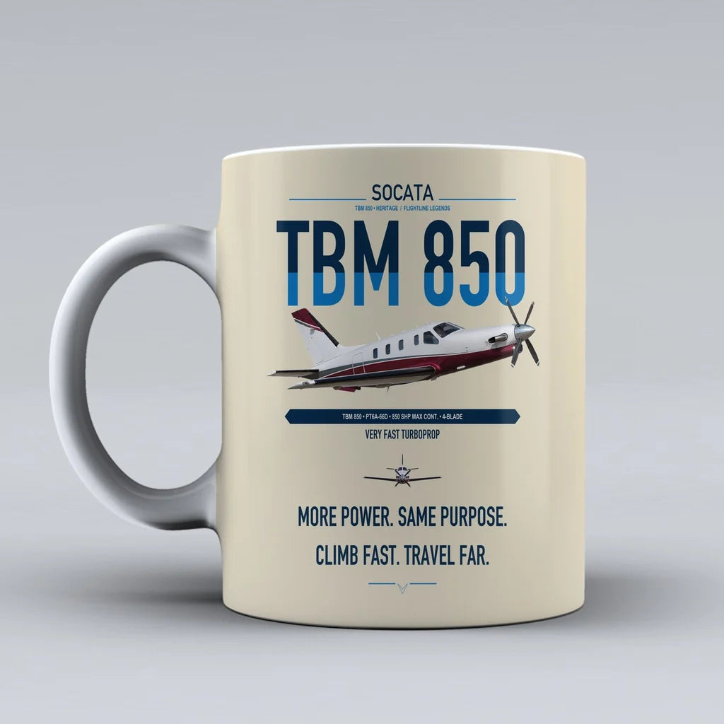 Socata TBM 850 design on beige ceramic mug, double-side print