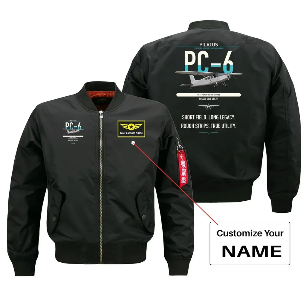 Pilatus PC-6 Porter design on black+name bomber jacket, double-side print