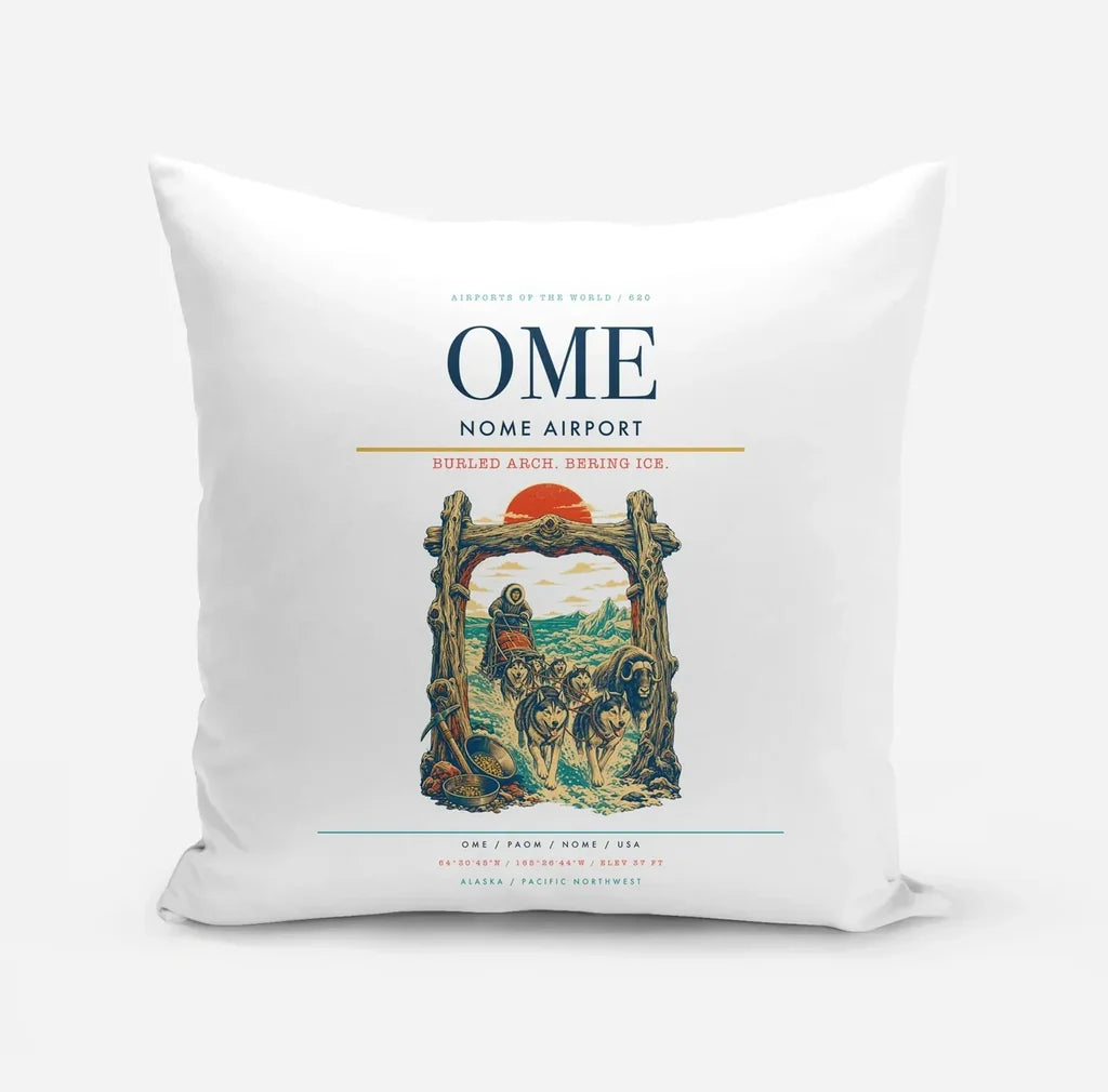 Nome Airport (OME) design on white pillow