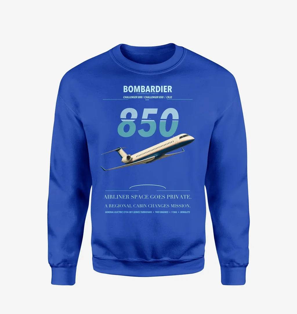 Bombardier Challenger 850 design on blue sweatshirt