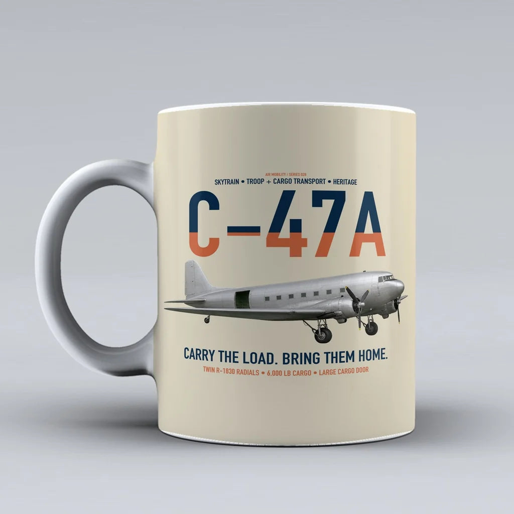 C-47A Skytrain design on beige ceramic mug, double-side print