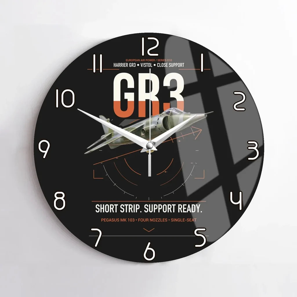 Hawker Siddeley Harrier GR3 design on black no frame wall clock