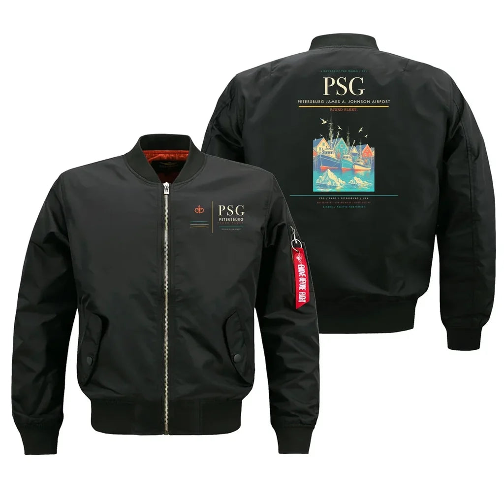 Petersburg James A. Johnson Airport (PSG) design on black bomber jacket