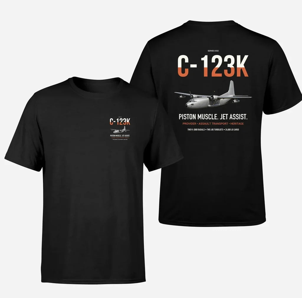 C-123K Provider design on black double-side t-shirt, double-side print