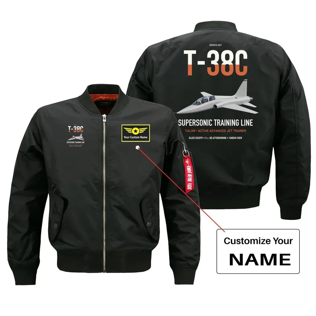 T-38C Talon design on black+name bomber jacket, double-side print