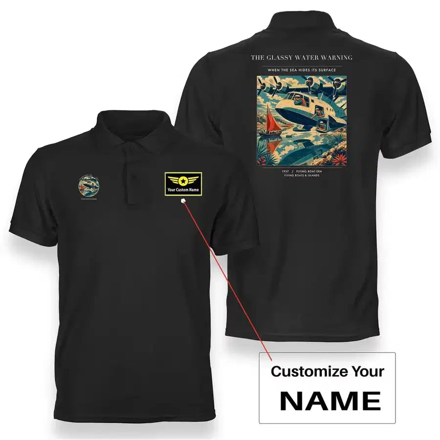 VINTAGE G4280 - The Glassy Water Warning - Double-Side Polo T-Shirt design on black+name