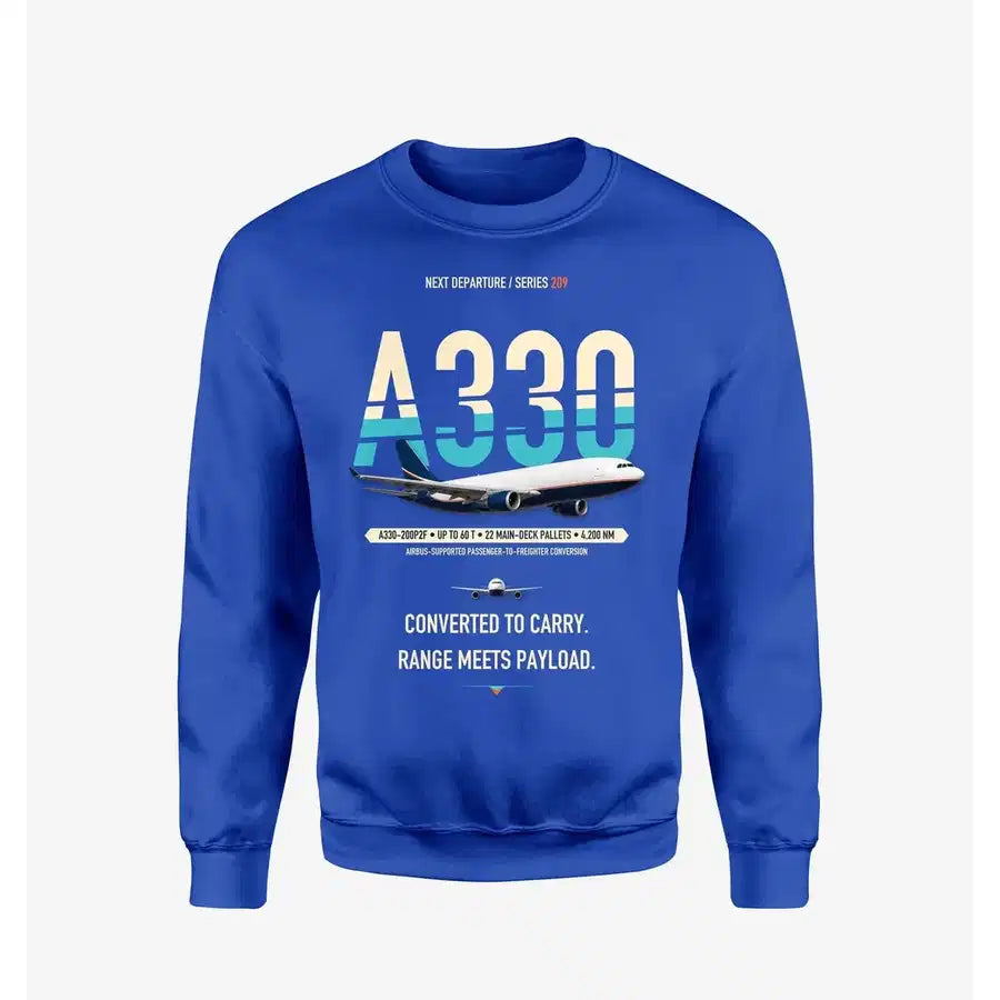Airbus A330-200P2F design on blue sweatshirt