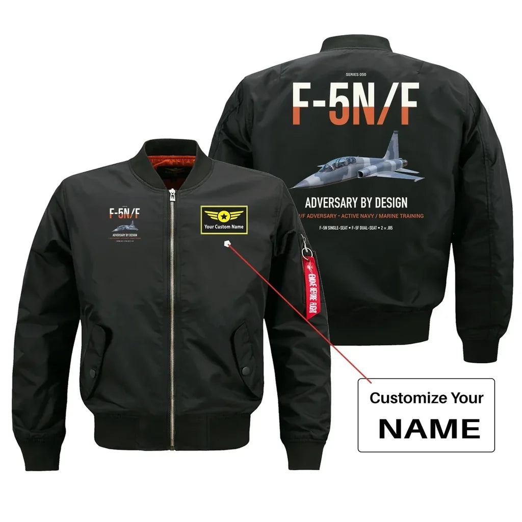 F-5N F Adversary design on black+name bomber jacket, double-side print