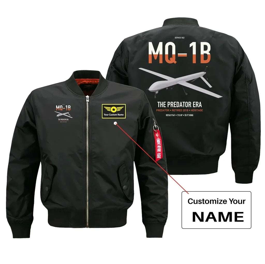 MQ-1B Predator design on black+name bomber jacket, double-side print