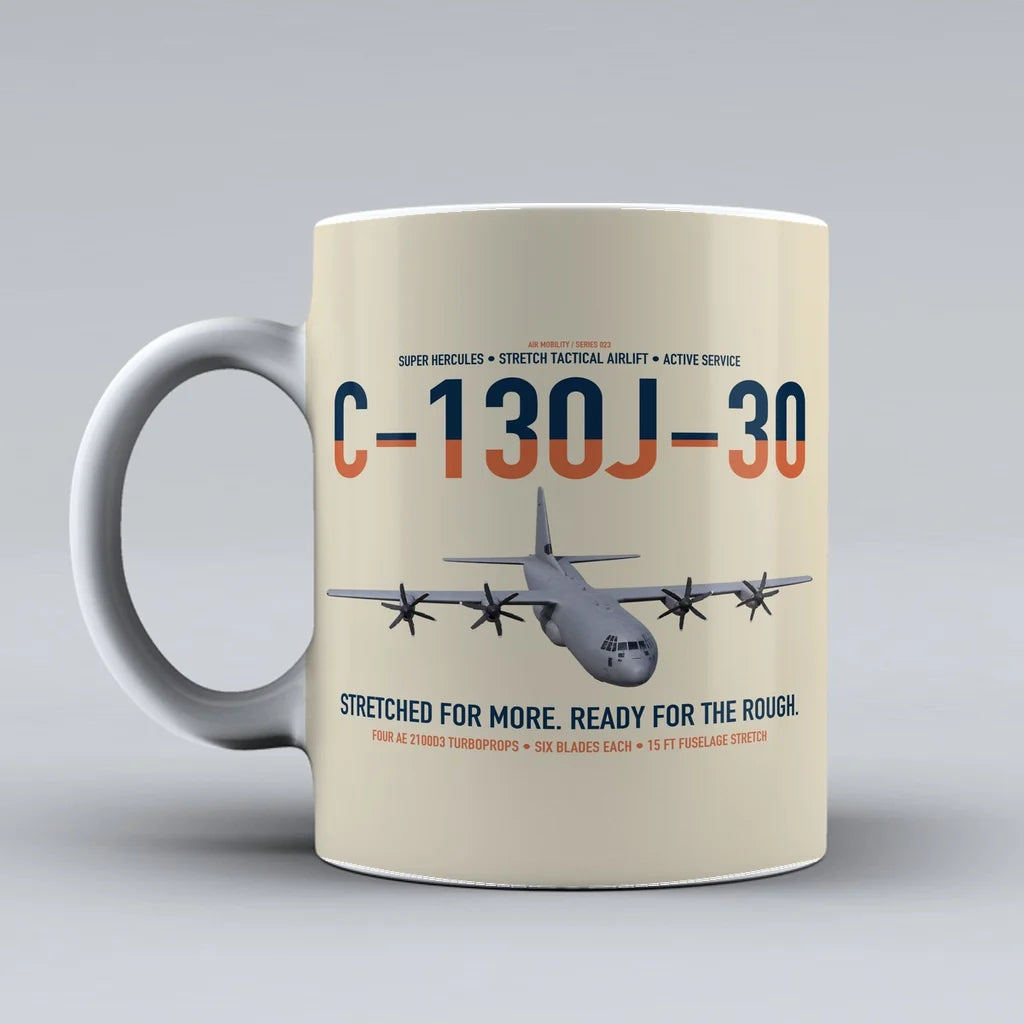 C-130J-30 Super Hercules design on beige ceramic mug, double-side print