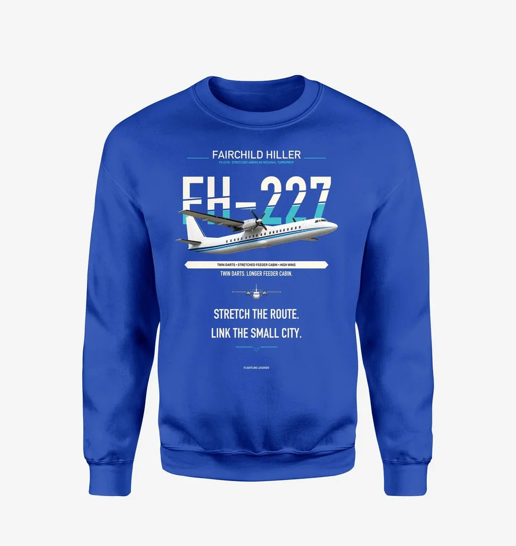 Fairchild Hiller FH-227B design on blue sweatshirt