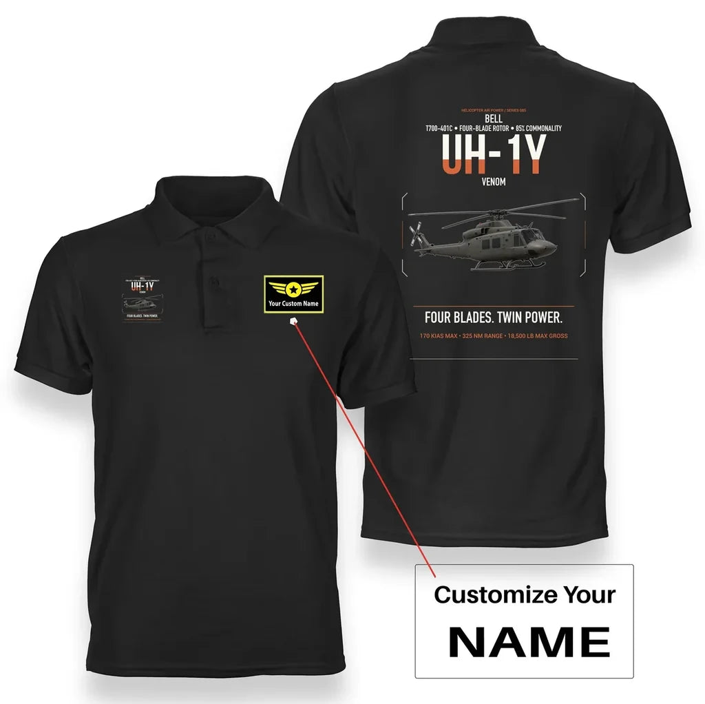 Bell UH-1Y Venom design on black+name double-side polo t-shirt, double-side print