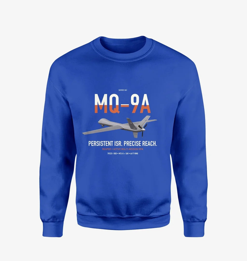 MQ-9A Reaper design on blue sweatshirt