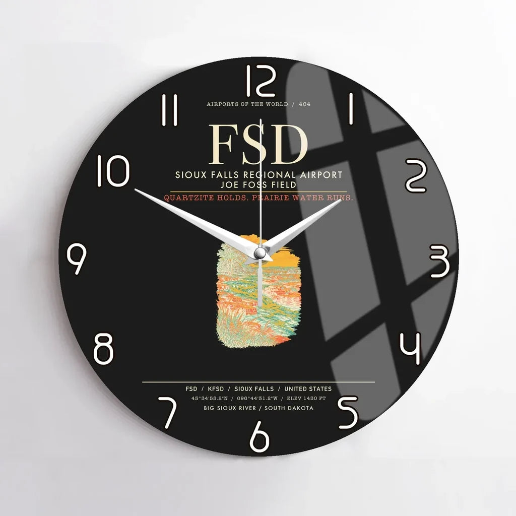 Sioux Falls Regional Airport Joe Foss Field (FSD) design on black no frame wall clock