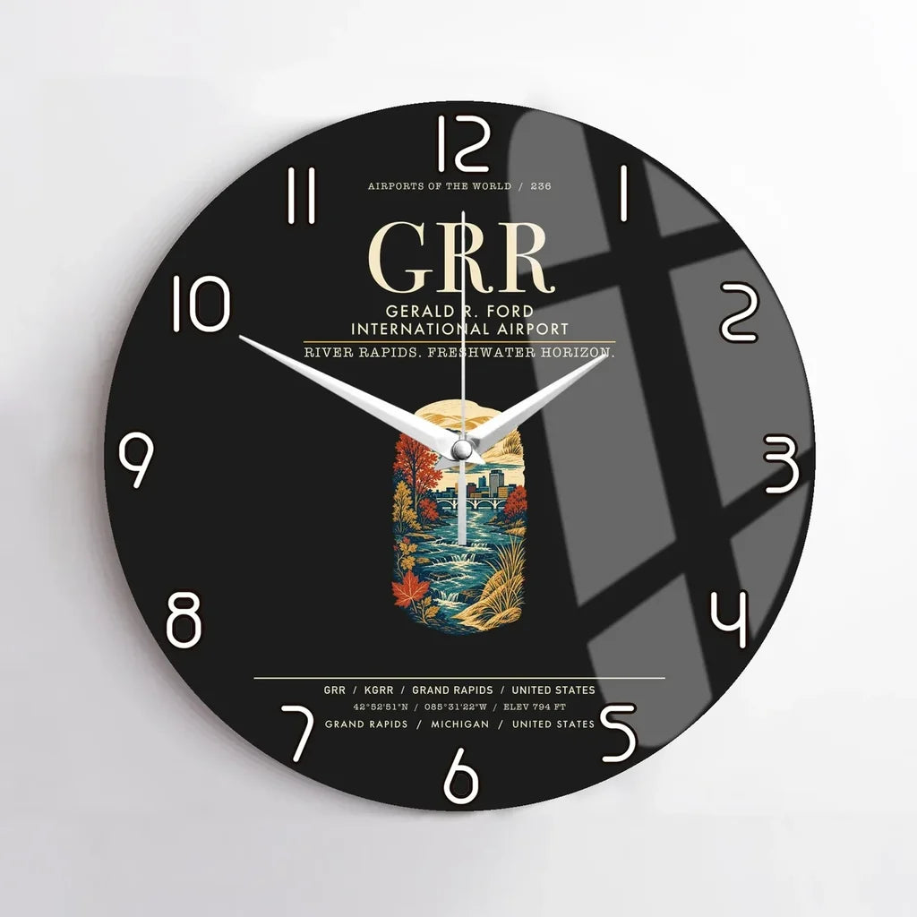 Gerald R. Ford International Airport Grand Rapids (GRR) design on black no frame wall clock