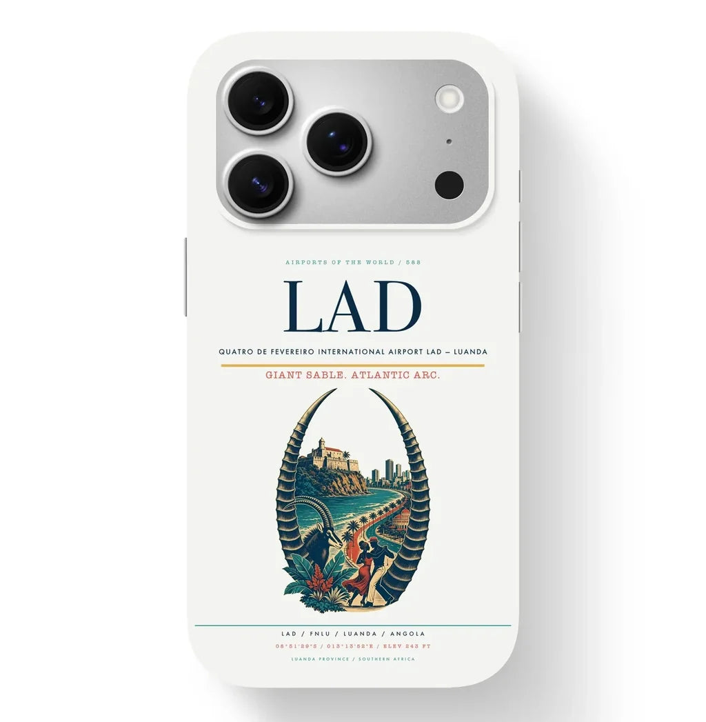 Luanda Airport (LAD) design on white iPhone 17 Pro MagSafe case