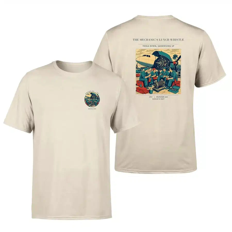 VINTAGE G4452 - The Mechanic's Lunch Whistle - Double-Side T-Shirt design on beige double side t shirt
